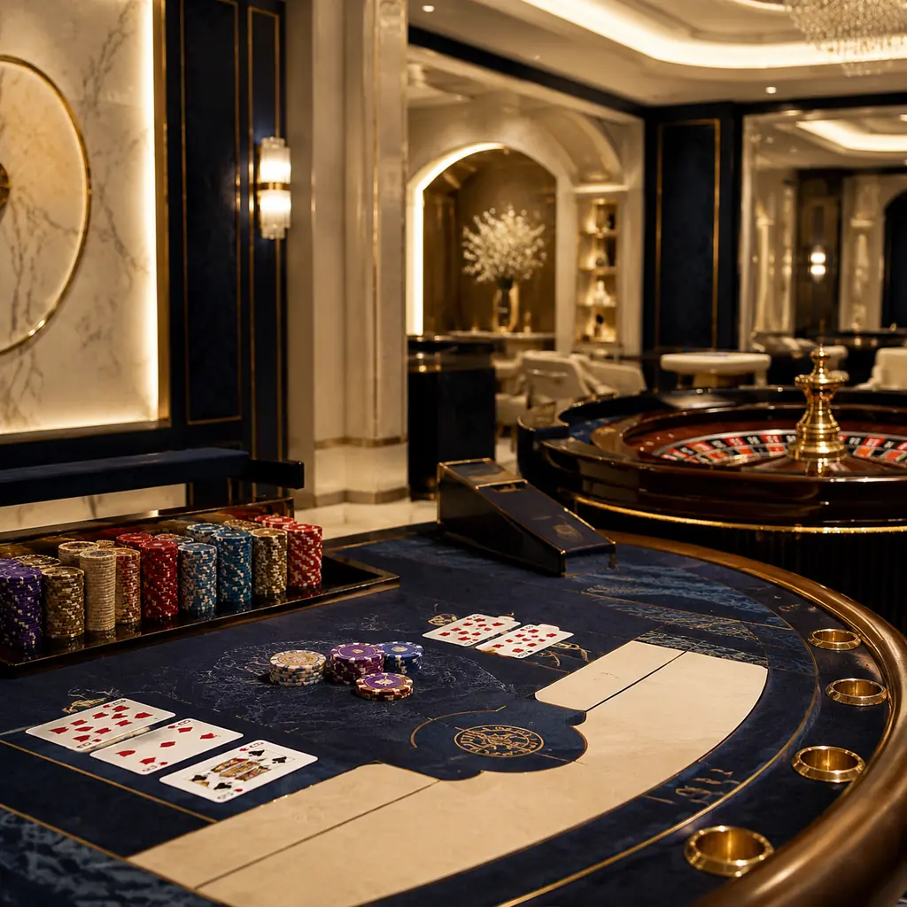 Ilustrasi aula kasino dengan meja kartu dan roda roulette