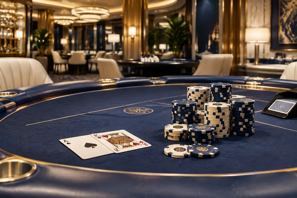 Ruang kasino tenang dengan meja kartu dan chip tersusun