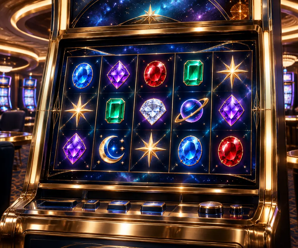 Ilustrasi slot kasino bertema permata dan angkasa